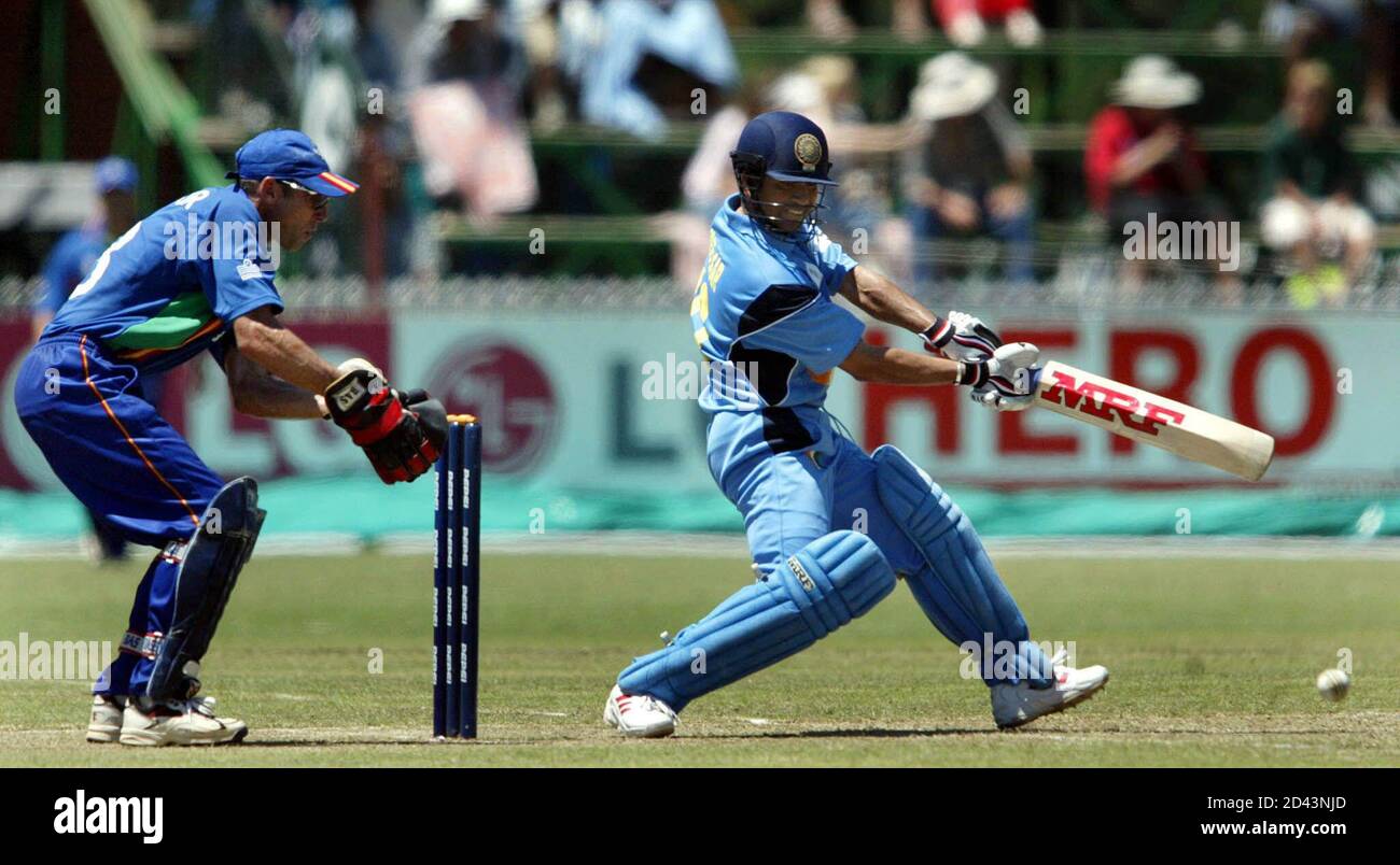 India S Sachin Tendulkar R Hits A Shot As Namibia S Wicketkeeper Melt Van Schoor L Looks On During A Group A Match Of The Cricket World Cup Between India And Namibia In Pietermaritzburg