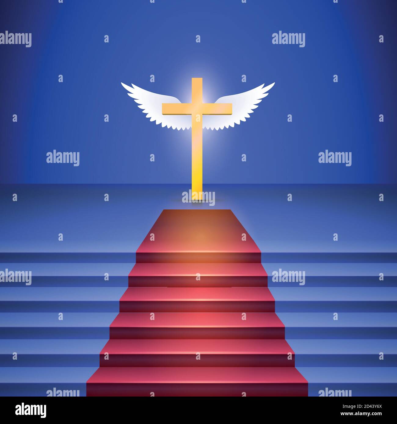 Stairway with red carpet leads to cross standing on stage. Stock Vector