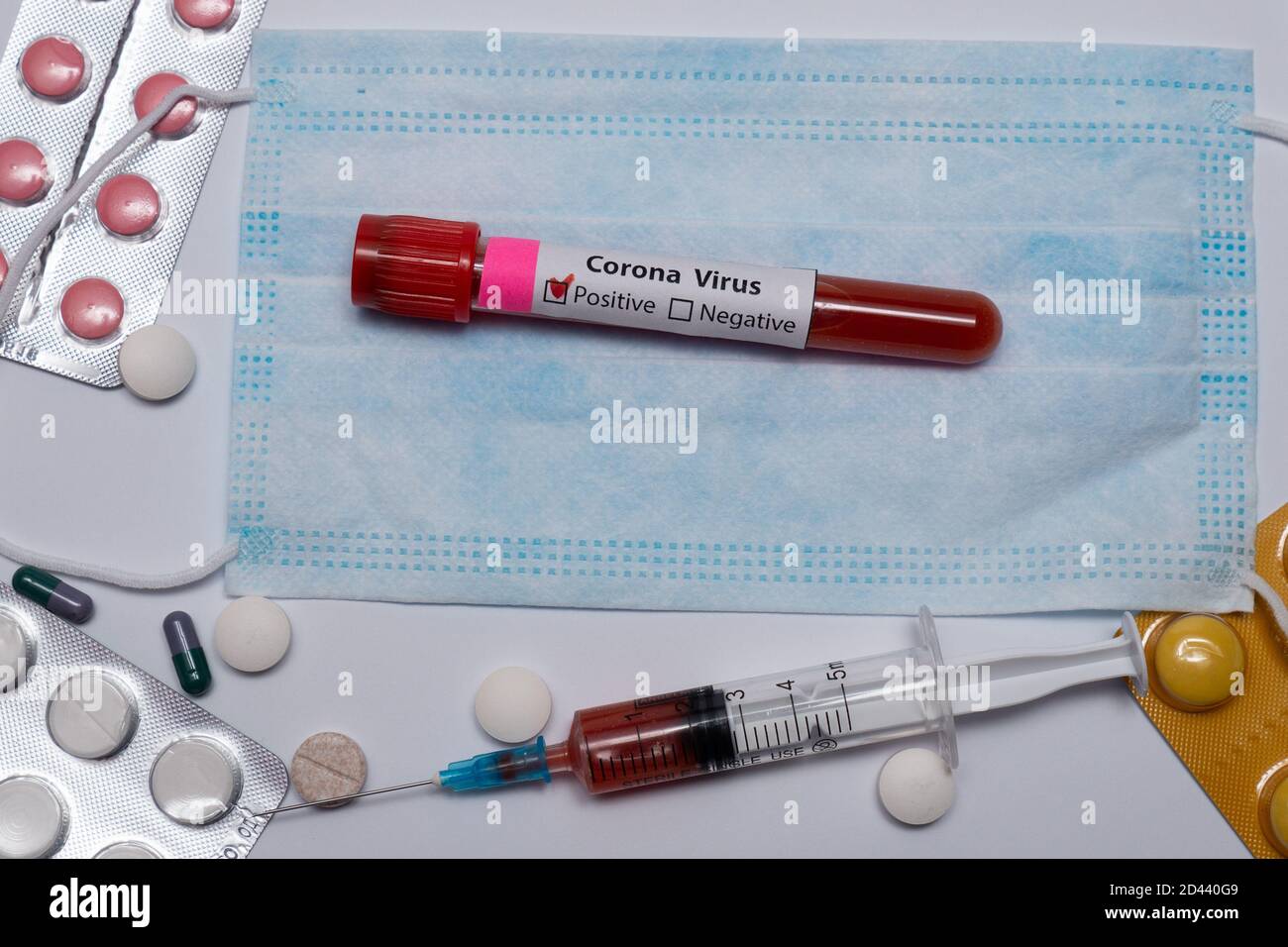 Blood positive test to coronavirus. Medical reseach, test-tube with blood, medical mask, syringe, pills. Coronavirus outbreak and influenza. 2019-nCoV Stock Photo