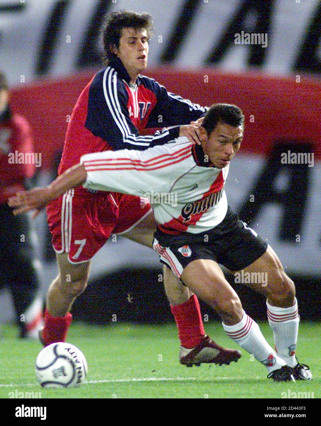 Diego Rivarola L Of The Chilean Soccer Club Universidad De Chile Tries To Stop Ricardo Rojas Of Argentina S River Plate In First Half Action Of Their Mercosur Cup Soccer Match Played In