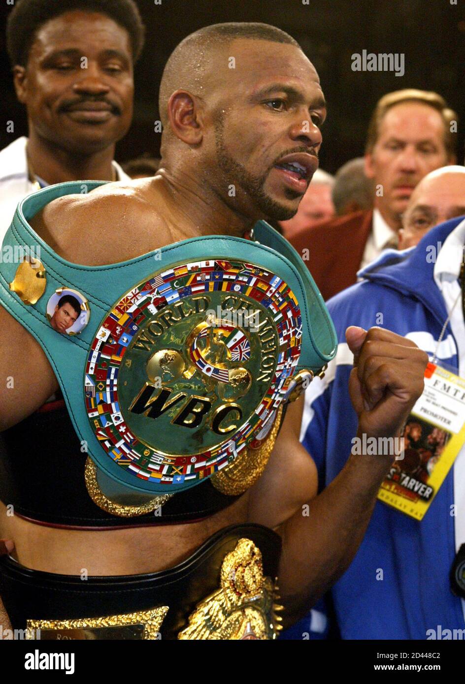 WBC/WBA light heavyweight champion Roy Jones Jr. of Pensacola, Florida  poses with his title belts after a majority decision win over Antonio  Tarver of Tampa, Florida, at the Mandalay Bay Events Center