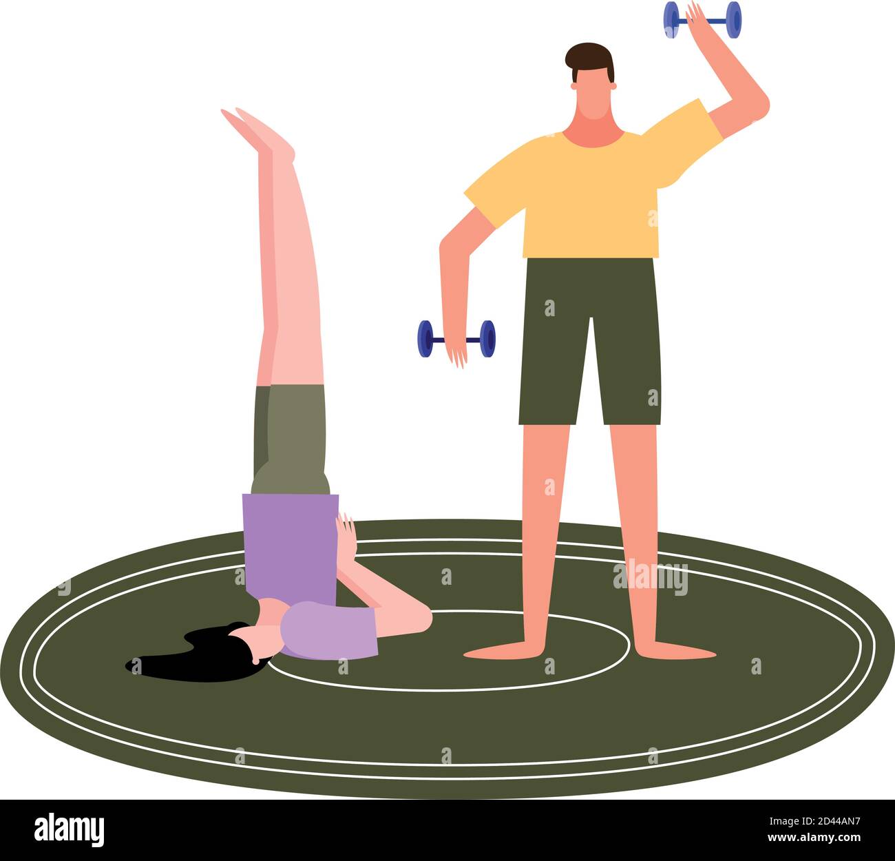 woman doing yoga on carpet and man lifting weights design of Activity