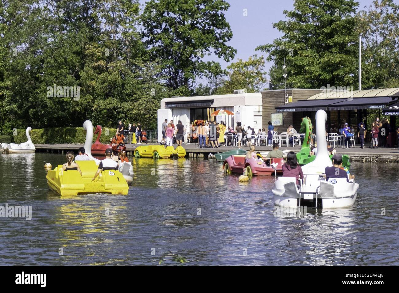 LONDO, UNITED KINGDOM - Sep 20, 2020: The pedalo's on the boating lake in the grounds of Alexandra Palace, Londo Stock Photo
