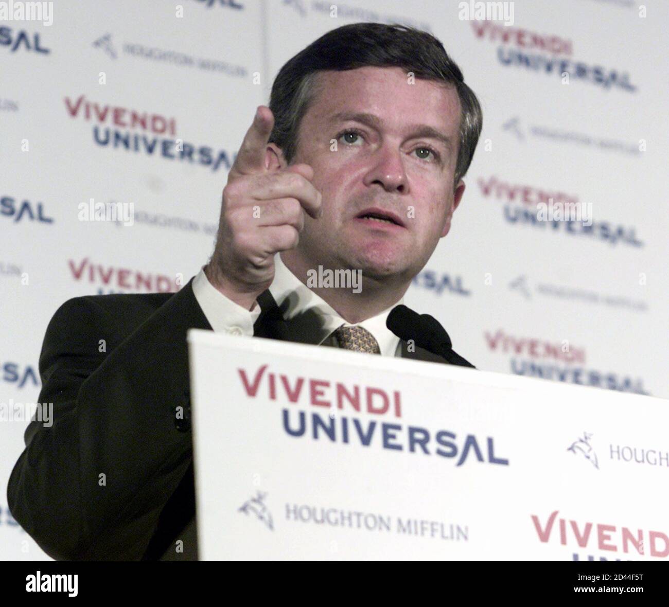 Jean-Marie Messier, Chairman and CEO Vivendi Universal, makes a point during a news conference June 1, 2001 in New York, where the it was announced that Vivendi Universal has agreed to acquire Houghton Mifflin. Vivendi Universal has agreed to acquire all of the outstanding shares of Houghton Mifflin, pursuant to a cash tender offer of $60 per share. Stock Photo