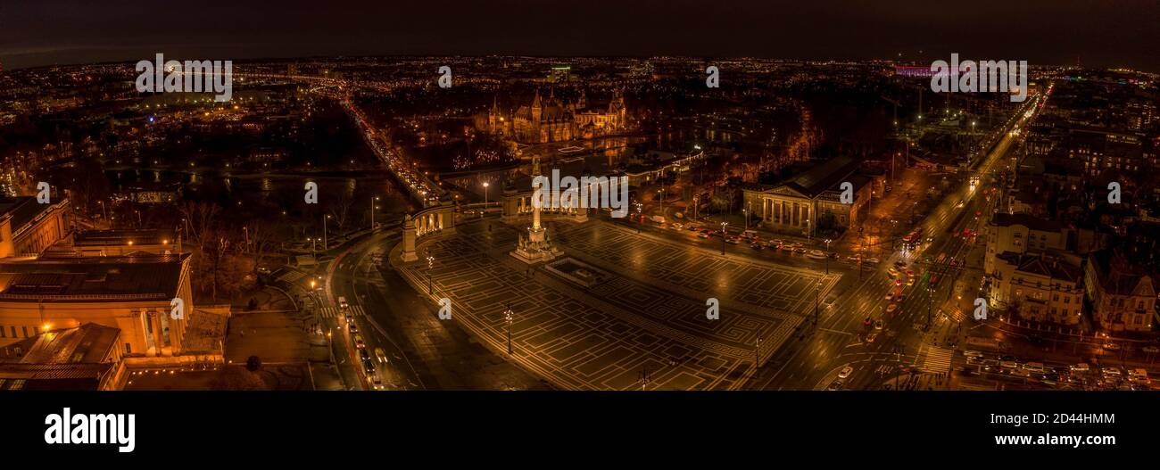 Aerial pano drone shot of Museum fine art Vajdahunyad Castle at Heroes ...