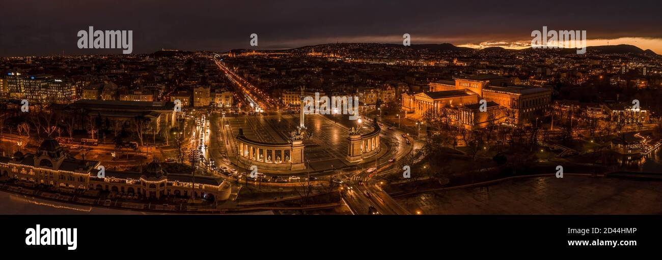 Aerial panoramic drone shot of Heroes Square in the night in Budapest ...