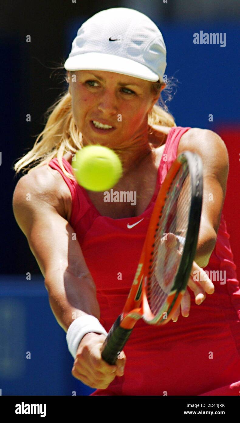South Africa's Amanda Coetzer plays a back hand during the second set of  her match against Ai Sugiyama of Japan at the Adidas International in Sydney  January 5, 2003. Coetzer won the