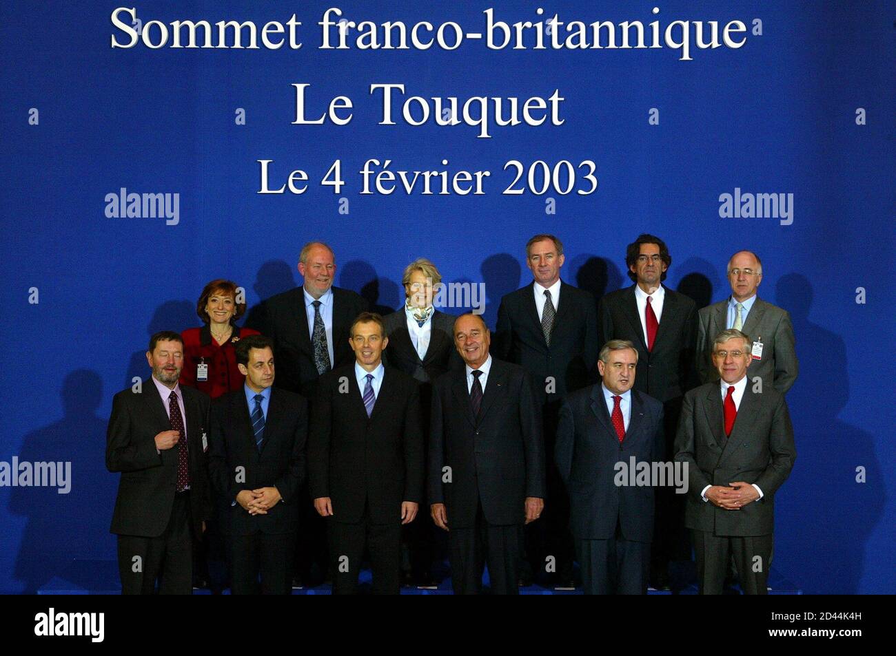 The family photo during the 25th Franco-British Summit in Le Touquet,  February 4, 2003. Top row, left to right, French Minister for European  Affairs Noelle Lenoir, British Education Minister Charles Clarke, French