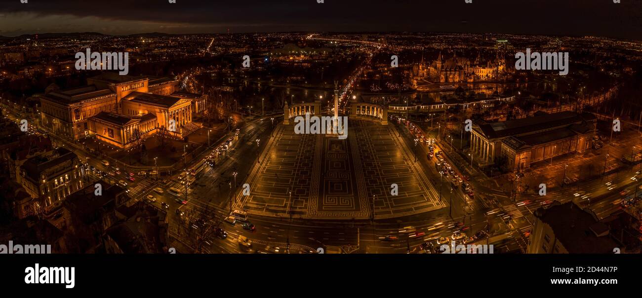 Aerial pano drone shot of Museum fine art Vajdahunyad Castle at Heroes ...