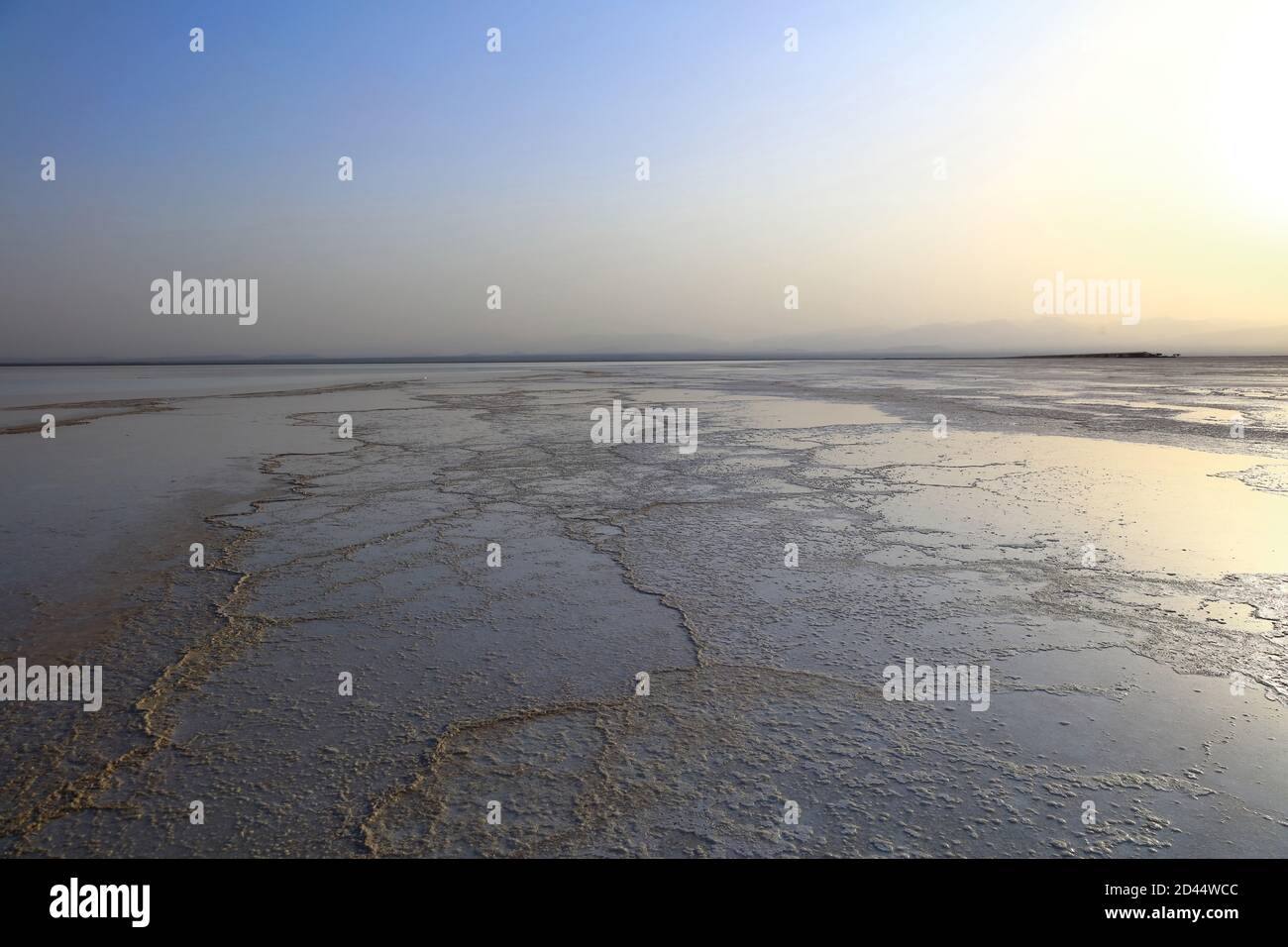 Brine water covers the seemingly endless salt flats of the Danakil