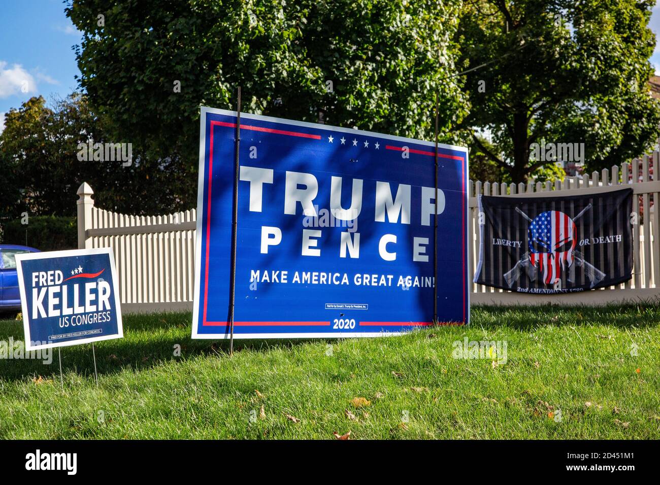 United States. 08th Oct, 2020. Political signs supporting the re-election of President Donald Trump and Congressman Fred Keller are displayed in a front yard in Sunbury, Pennsylvania. (Photo by Paul Weaver/Pacific Press) Credit: Pacific Press Media Production Corp./Alamy Live News Stock Photo