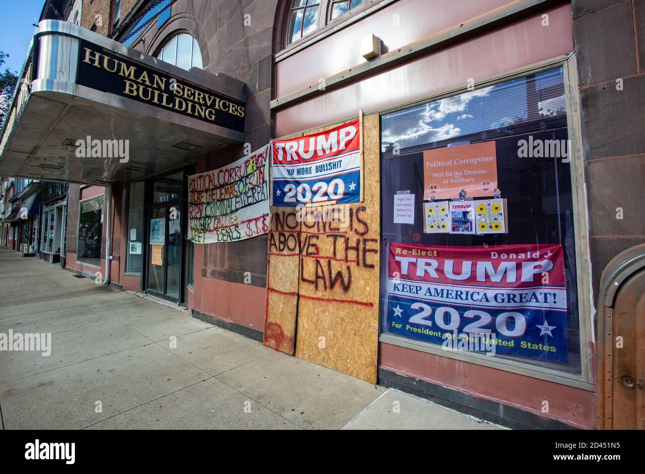 United States. 08th Oct, 2020. Trump flags and handmade signs are displayed on the former Northumberland County Human Services Building in downtown Sunbury, Pennsylvania. (Photo by Paul Weaver/Pacific Press) Credit: Pacific Press Media Production Corp./Alamy Live News Stock Photo