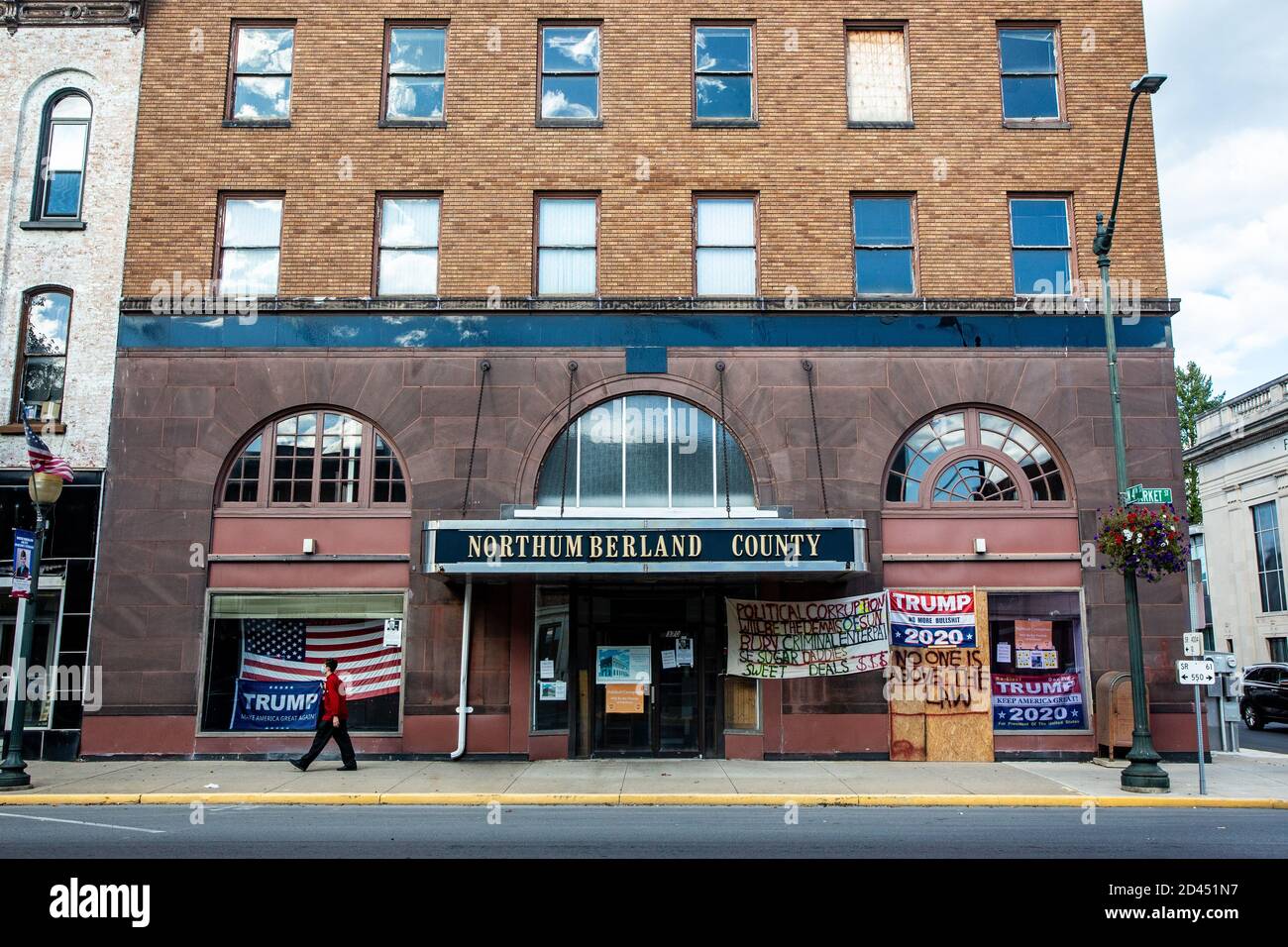 United States. 08th Oct, 2020. Trump flags and handmade signs are displayed on the former Northumberland County Human Services Building in downtown Sunbury, Pennsylvania. (Photo by Paul Weaver/Pacific Press) Credit: Pacific Press Media Production Corp./Alamy Live News Stock Photo