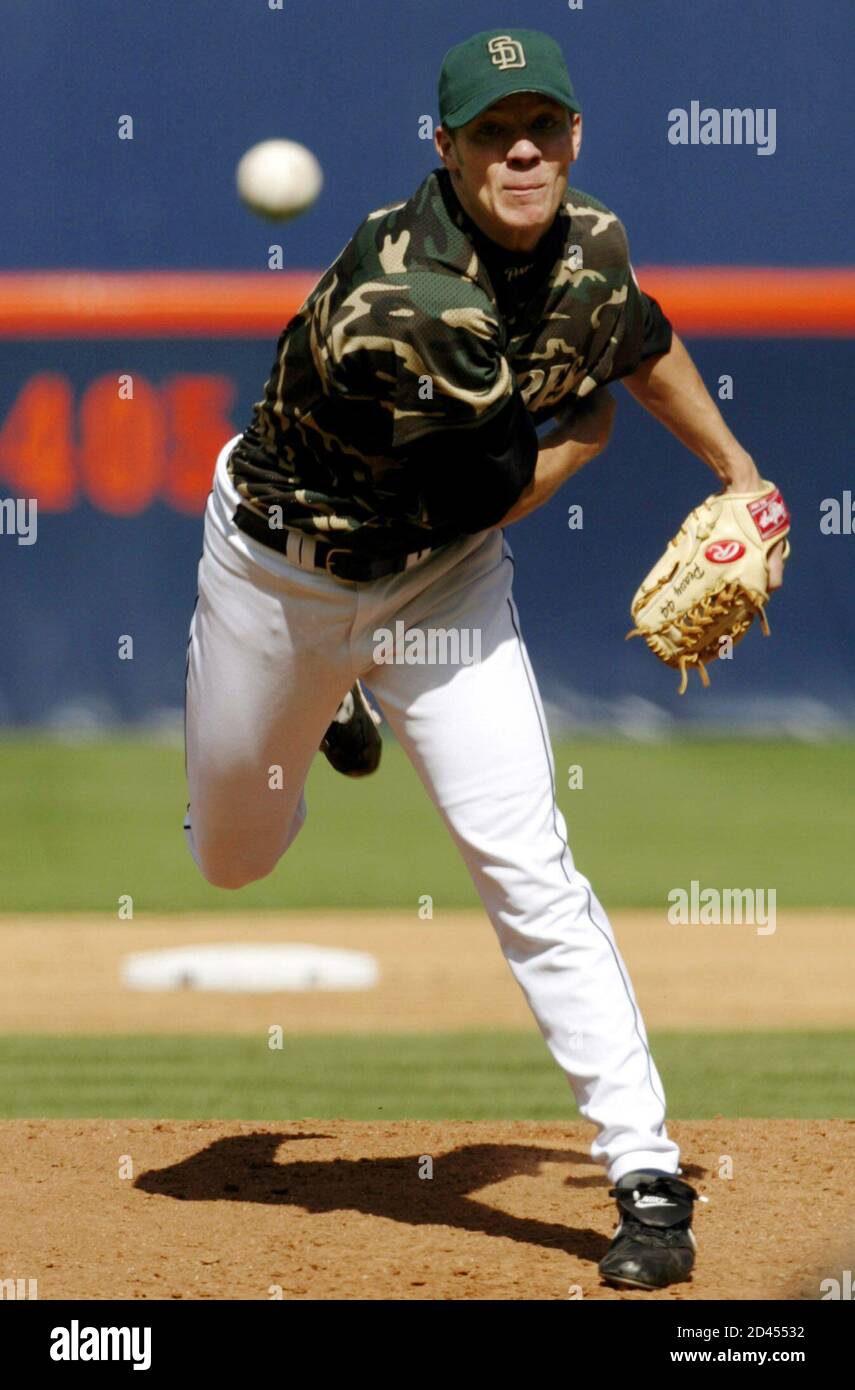 San Diego Padres' starting pitcher Jake Peavy faces the Los Angeles Dodgers  in his camouflage jersey during the 2nd inning of their game, April 3, 2003  at Qualcomm Stadium in San Diego.
