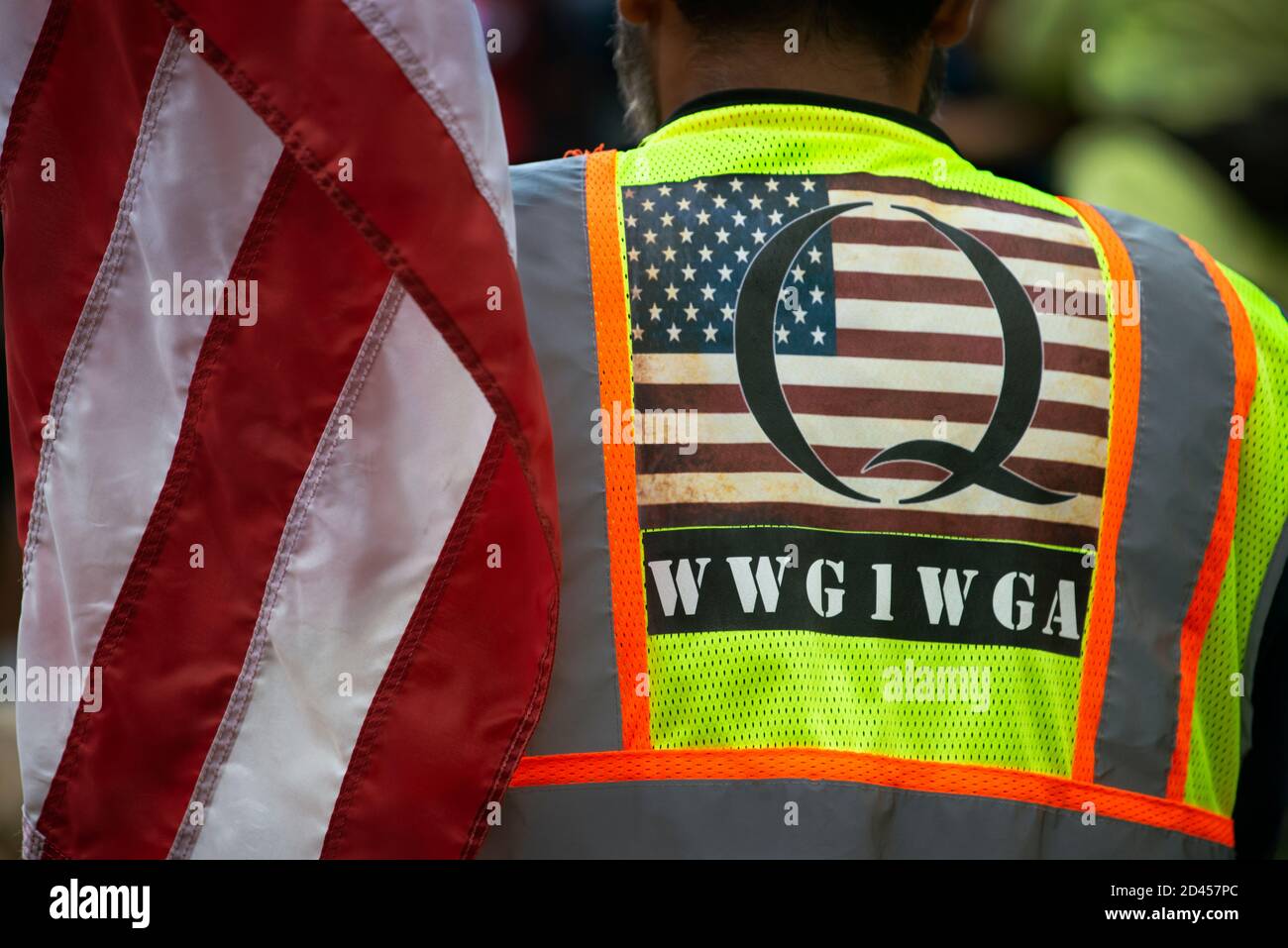 A male supporter of QAnon during a demonstration in Boston, MA, USA 10/05/2020. Stock Photo
