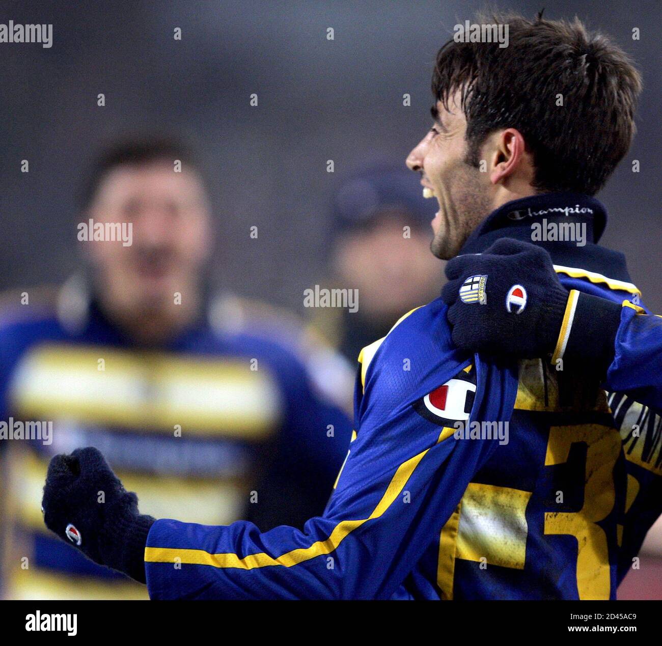 Parma's Marco Marchionni celebrates his goal during their UEFA Cup Round of 32 second leg soccer match against VfB Stuttgart in Stuttgart February 24, 2005. REUTERS/Thomas Bohlen  TB/MD Stock Photo
