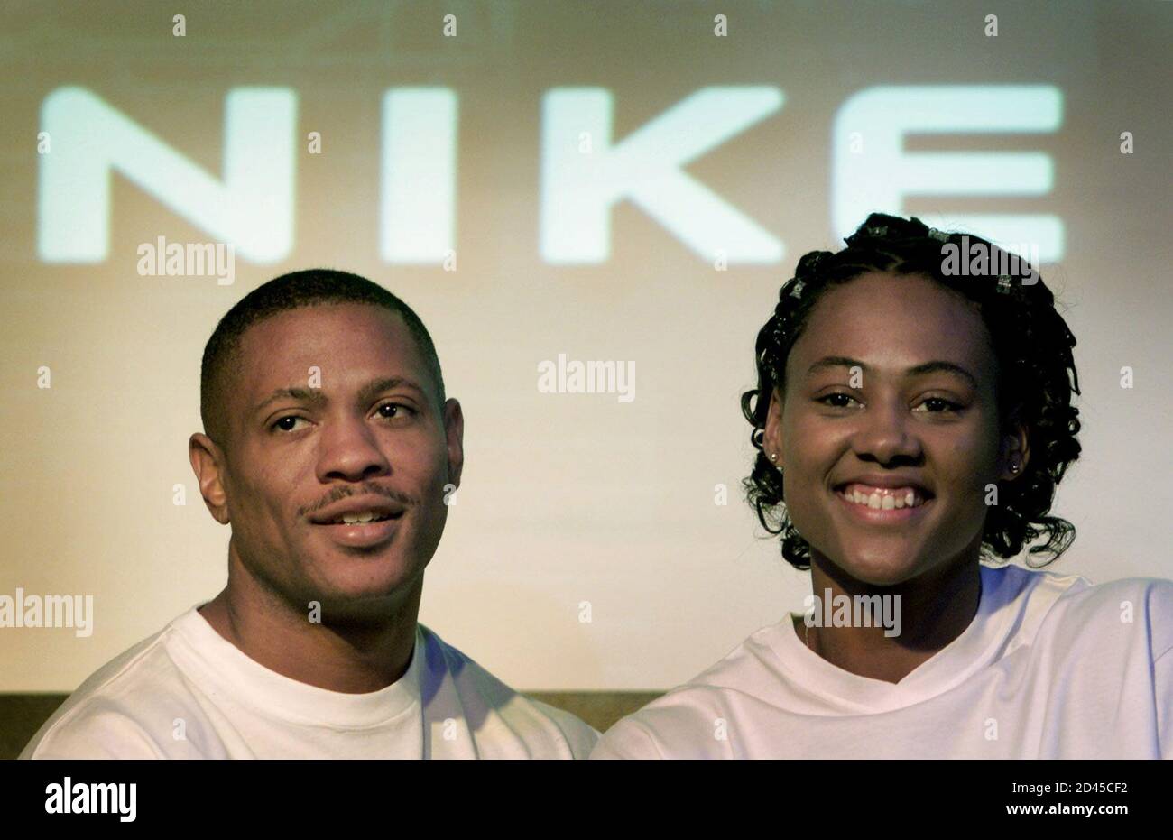 U.S. Olympic gold medallists Maurice Green (L) and Marion Jones launch a  new range of sports shoes from Nike, called the Nike shox January 16, 2001.  Green was the first man ever