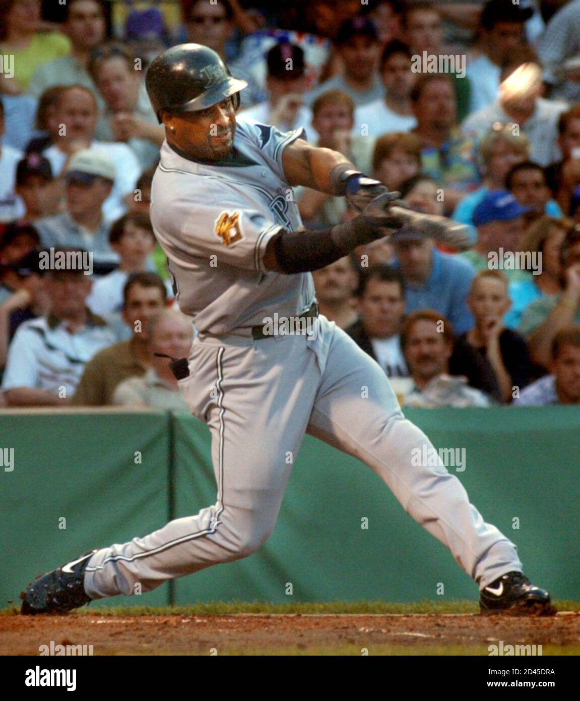 The Tampa Bay Devil Rays Greg Vaughn hits a two-run home run in the third inning against the Boston Red Sox at Fenway Park in Boston, Massachusetts June 27, 2001.  BS Stock Photo