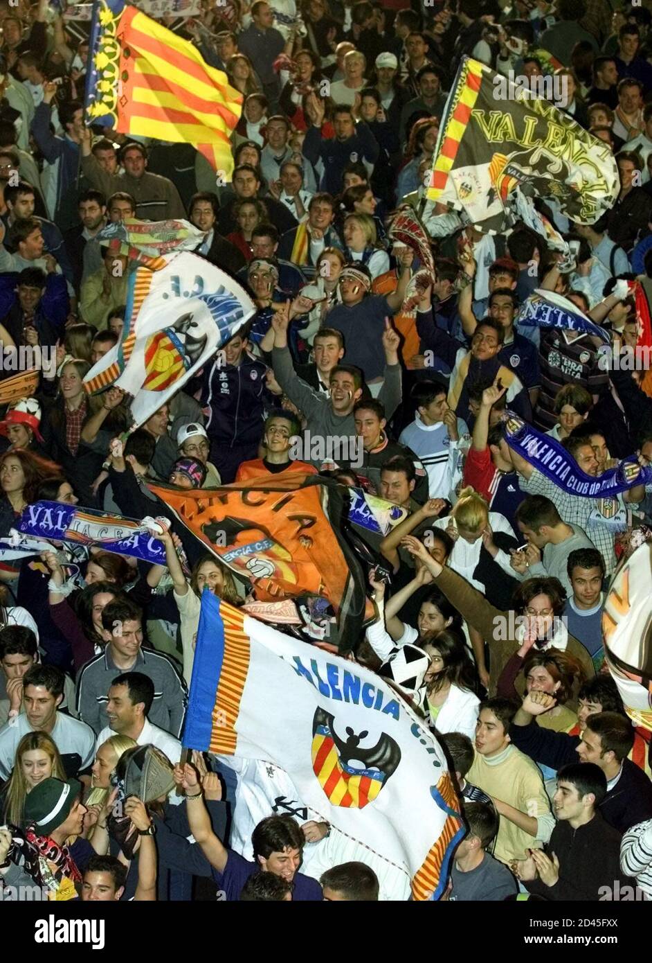 Thousands of Valencia soccer fans celebrate their club's fifth Spanish  league title, and their first since 1971, in central Valencia May 5, 2002.  Valencia took an unassailable six-point lead at the top