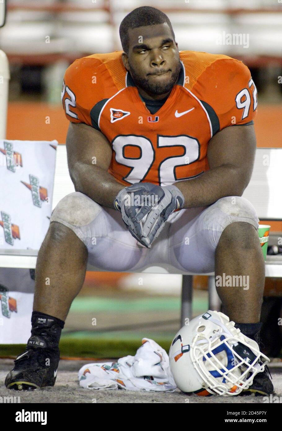 University of Miami Hurricanes' Orien Harris sits on the bench dejected  after an upset loss to the Clemson Tigers, at the Orange Bowl in Miami,  Florida, November 6, 2004. The Tigers defeated