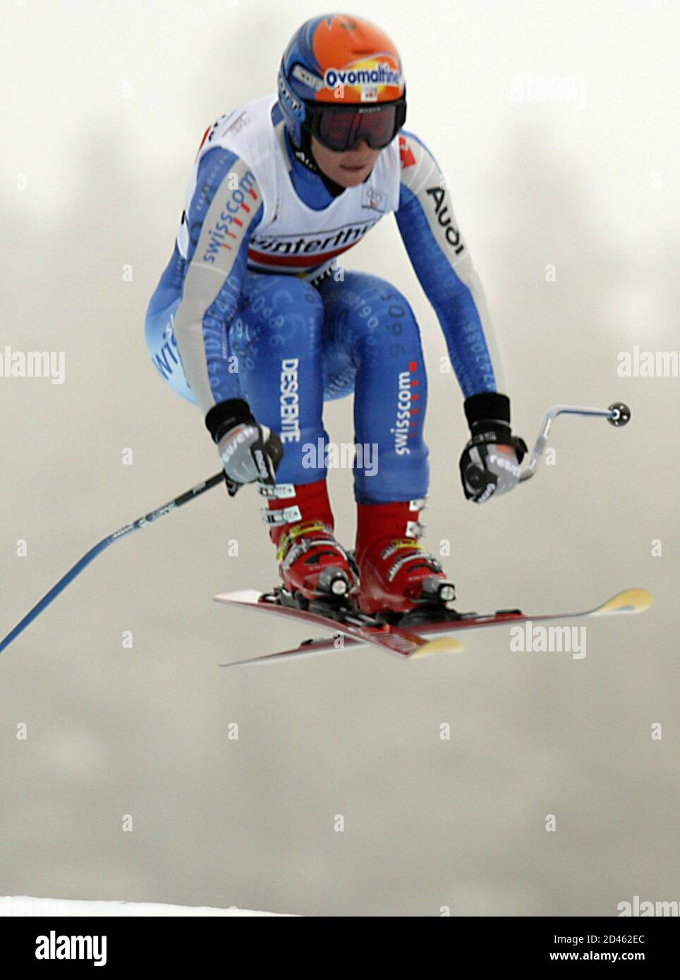 Switzerland's Sylvaine Berthod takes air while on her way to an 11th place finish at the women's World Cup Super-G race in Lake Louise December 8, 2002. Italy's Karen Putzer won with a time of one minute 10.68 seconds. REUTERS/Mike Blake  MB/ME Stock Photo