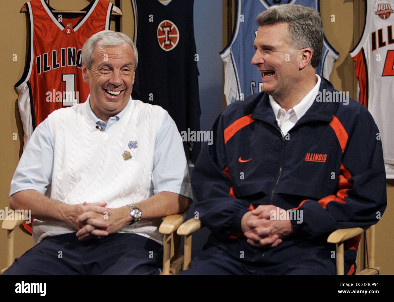 North Carolina coach Williams and Illinois coach Weber sit together before  television interview at NCAA Final Four. North Carolina coach Roy Williams  (L) and Illinois coach Bruce Weber (R) sit together before