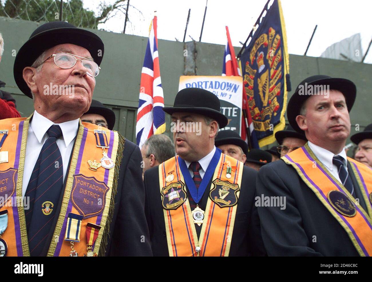 Orangeman protest at the security forces barrier near Drumcree Church blocking their traditional parade route down the Garvaghy road July 8, 2001. The Northern Ireland Parades Commission has again banned the Order from marching through the mainly Catholic parts of Portadown.  DC Stock Photo
