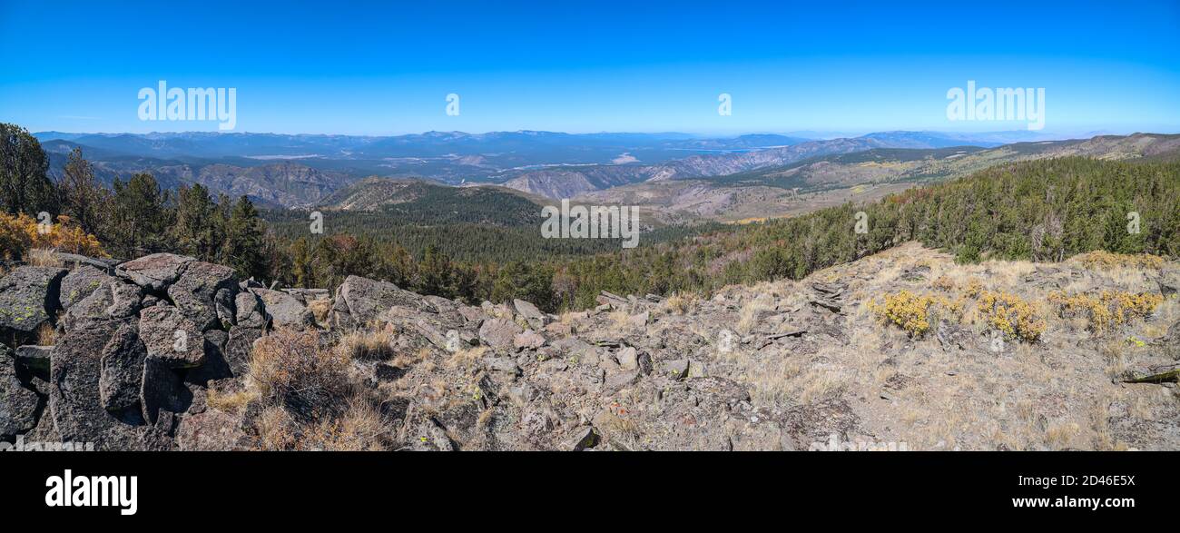 MT. ROSE WILDERNESS, UNITED STATES - Sep 27, 2020: A panoramic view of the Truckee and High Sierra area taken from the western slope of Snowflower Mou Stock Photo