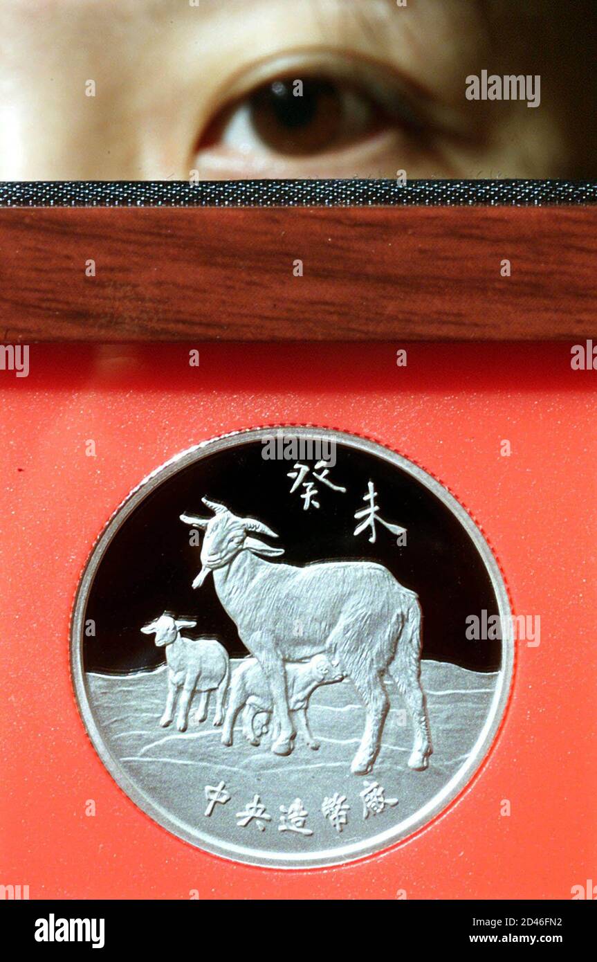 An employee of Taiwan's Central Bank displays a silver coin to mark the Year  of the Ram in Taipei on January 9, 2003, ahead of the Chinese Lunar New Year.  Each coin