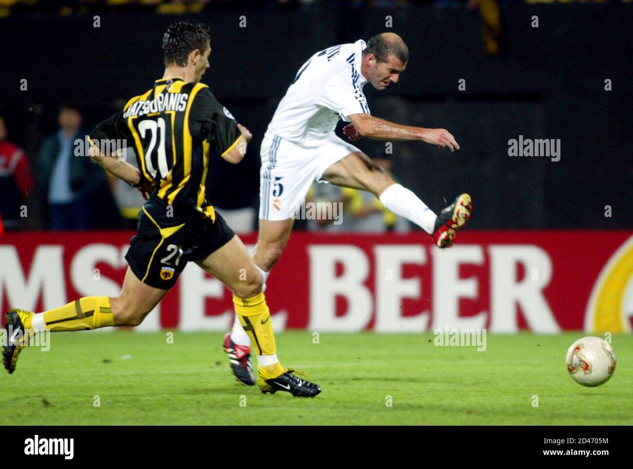 Zinedine Zidane Of Real Madrid R Scores The First Goal For His Team As Defender Kostantinos