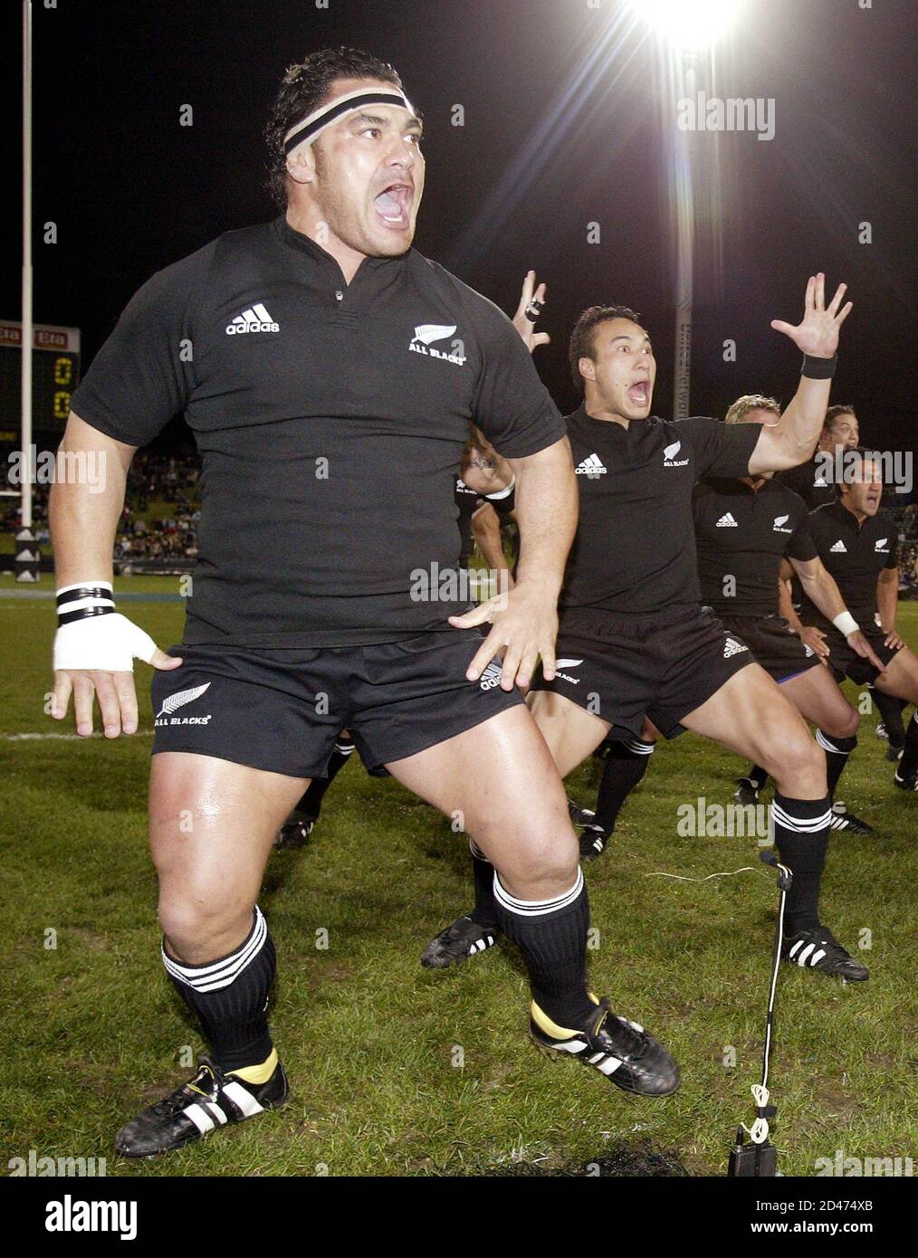 ALL BLACK'S PERFORM HAKA BEFORE TEST AGAINST THE PACIFIC ISLANDERS AT NORTH  HARBOUR STADIUM IN AUCKLAND. All Black's Kees Meeuws (L) and Rico Gear  perform the haka (Maori war dance) before the