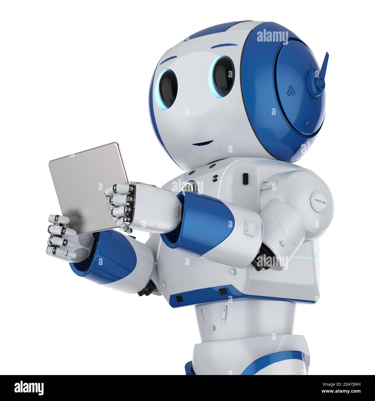 3d rendering cute artificial intelligence robot with digital tablet