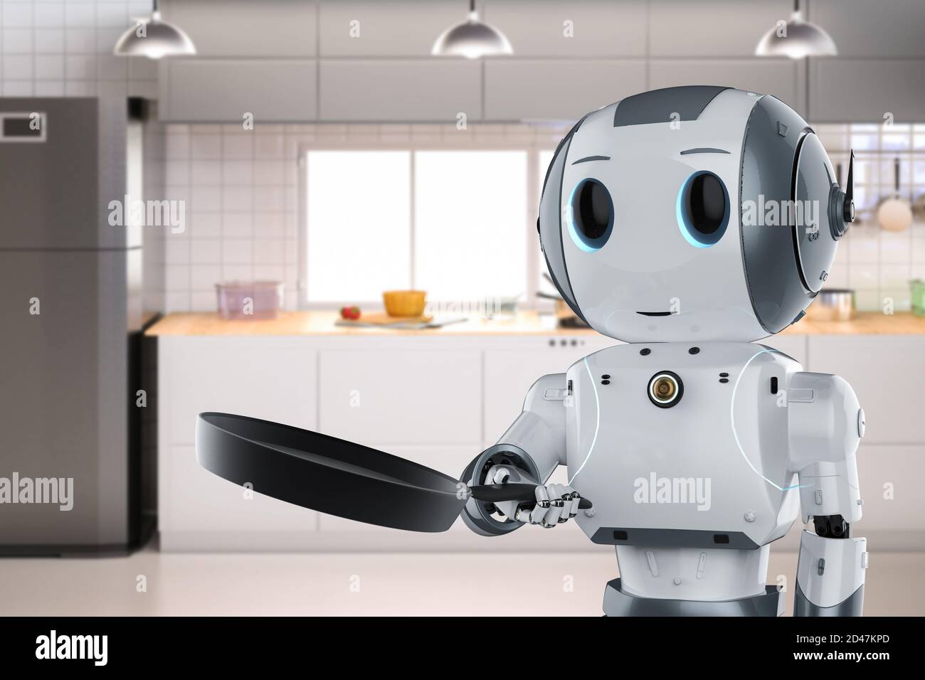 3d rendering chef robot cooking with frying pan Stock Photo - Alamy