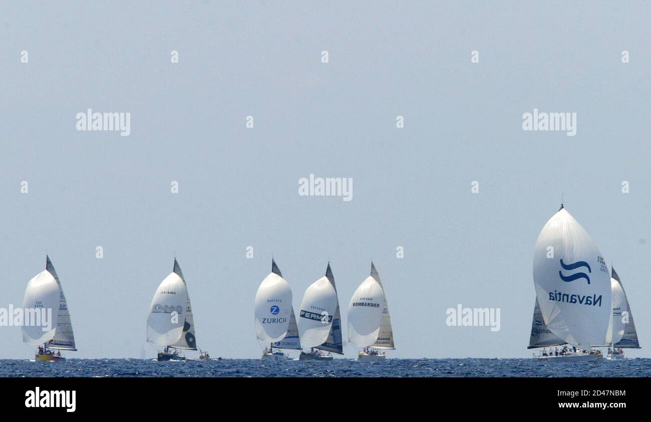 Sailing boats take part in the second stage of the 11th Illes Balears Race in Portals Nous at the Balearic island of Mallorca, Spain, July 23, 2005. REUTERS/Dani Cardona  DCF/DY Stock Photo