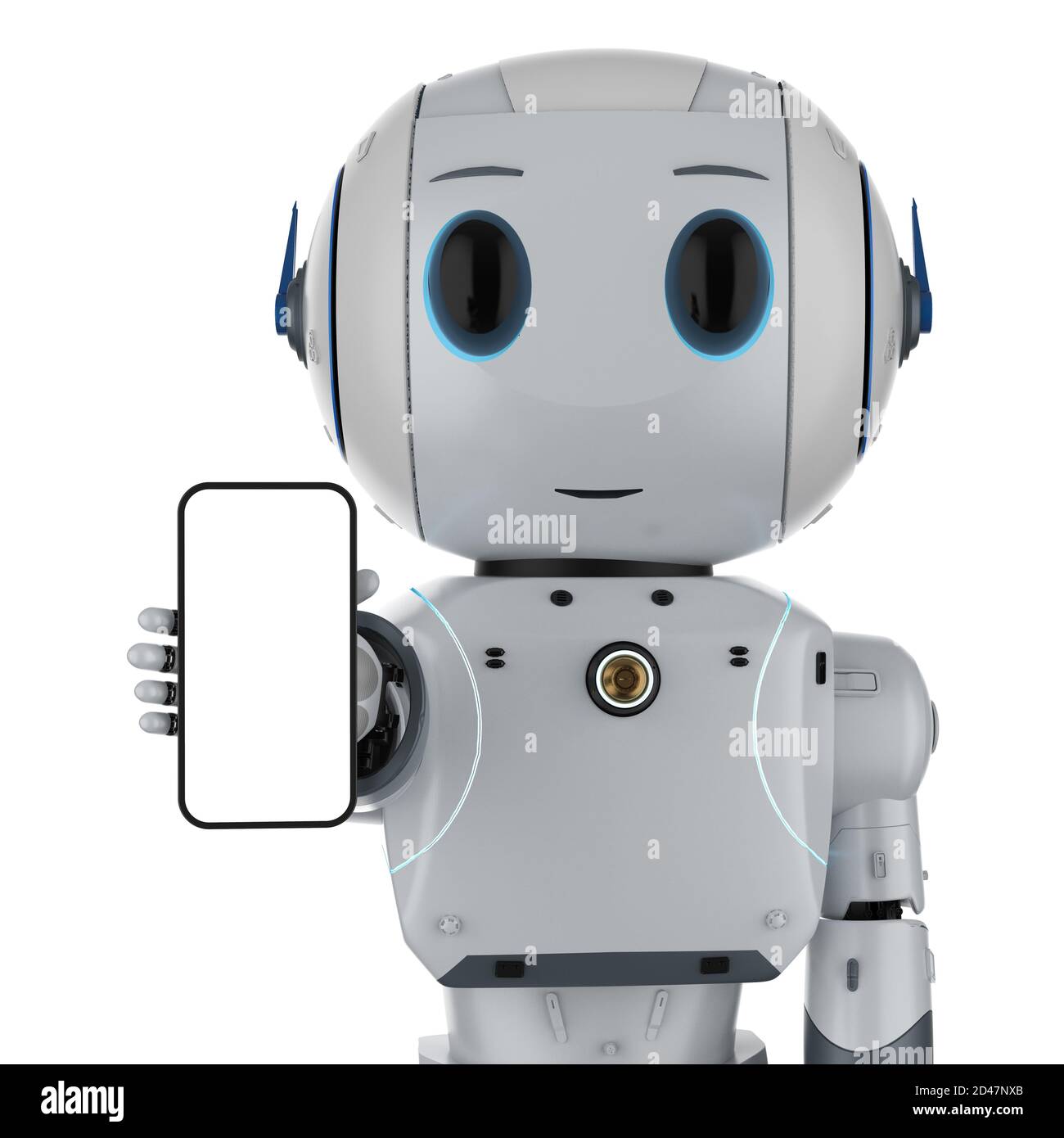 rendering robot holding mobile phone isolated on white Stock - Alamy