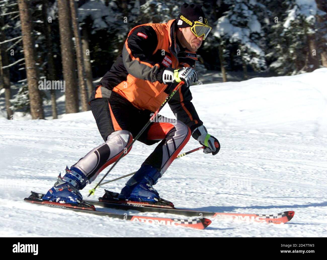 Reigning World Cup and double Olympic ski champion Hermann Maier of Austria  stretches before skiing down a slope for the first time after his  motorcycle accident in his home town of Flachau