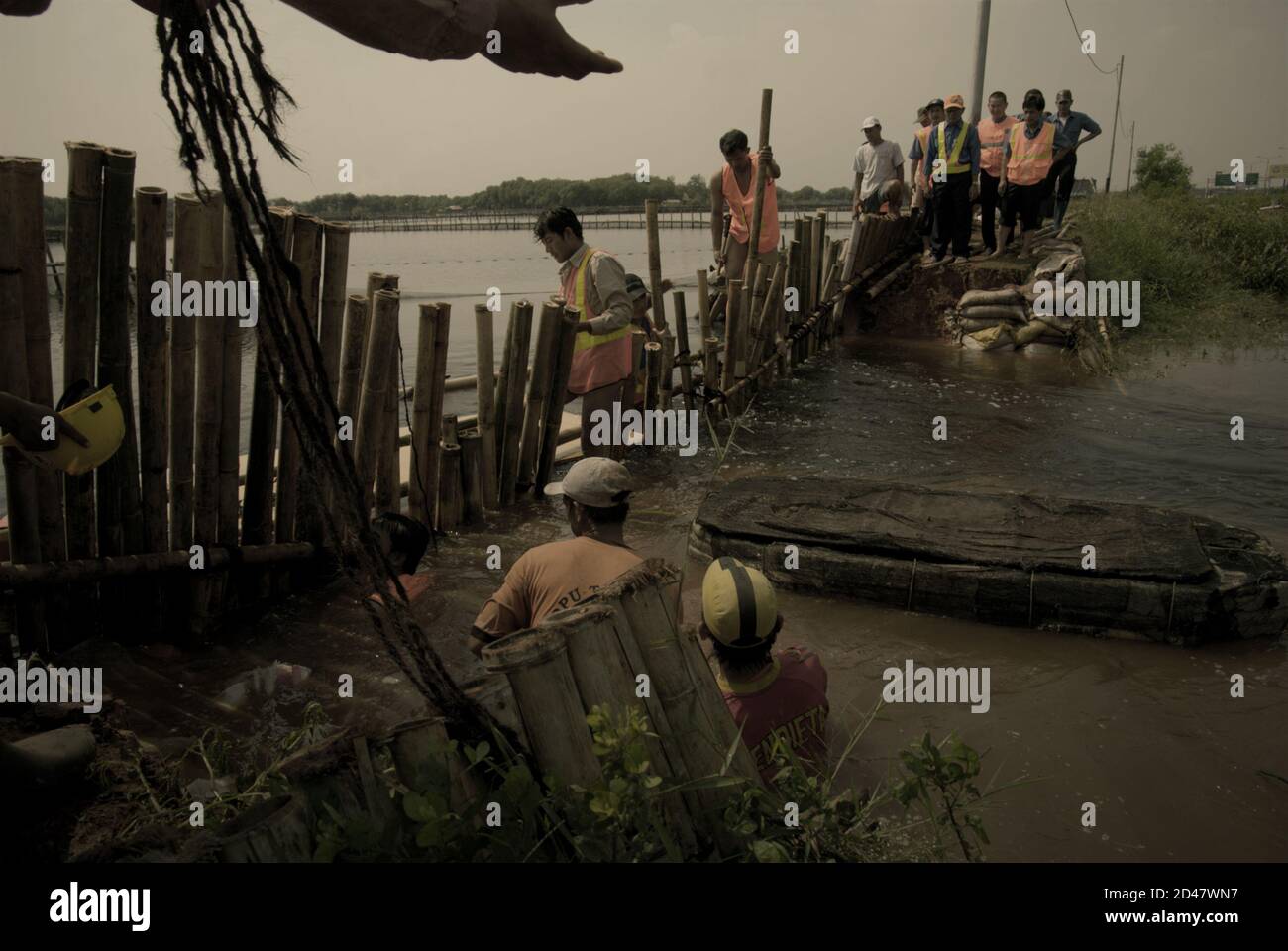 Workers placing bamboo poles to hold gunny sacks containing sands--temporary dam structure to mitigate, after torrential rain flooded a part of Jakarta's airport toll road on the coastal area of Jakarta, Indonesia. Stock Photo