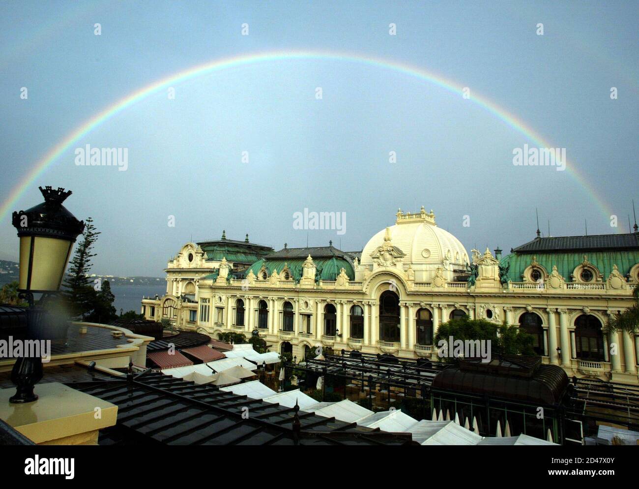 A rainbow shines over the famed Monte Carlo casino September 6, 2002 as