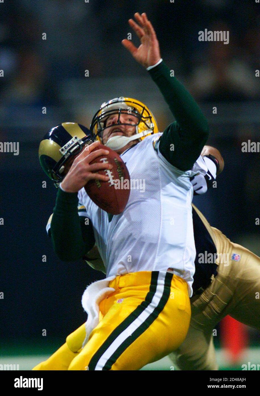 Green Bay Packers Quarterback Brett Favre Front Is Sacked By St Louis Rams Tyoka Jackson During 1st Quarter Action In Their Nfl Divisional Championship Game In St Louis January 02 Reuters Allen Green Bay Packers Quarterback Brett Favre Front Is Sacked By St Louis Rams Tyoka Jackson During 1st Quarter Action In Their Nfl Divisional Championship Game In St Louis January 02 Reuters Allen