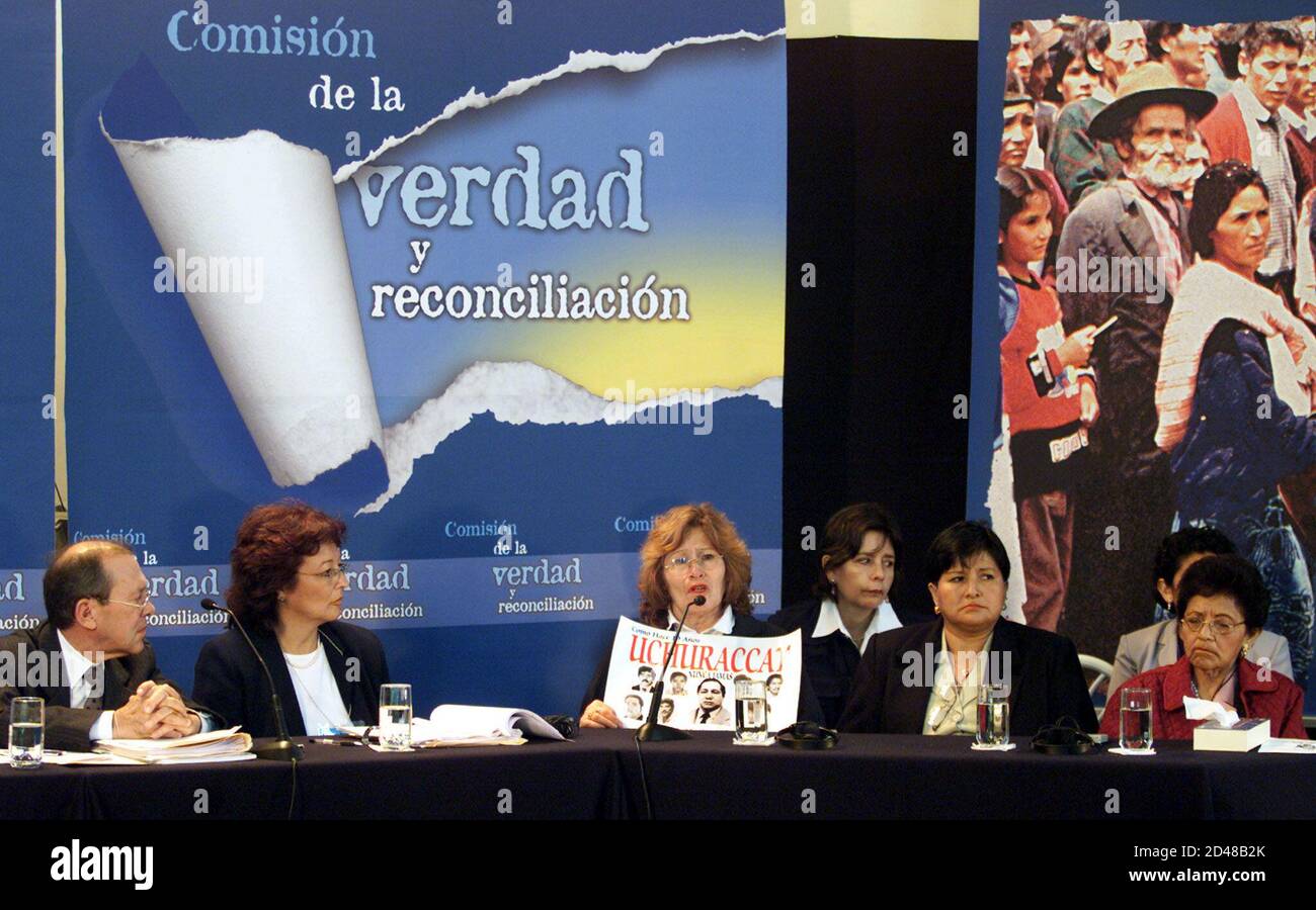 President of Peru's Truth and Reconciliation Commission Salomon Lerner (L),  Sofia Macher (2nd-L), Alsira Velasquez (C), Eudosia Reynoso (2nd-R) and  Gloria Trelles (R) during the Peru's Truth and Reconciliation Commission  hearing in
