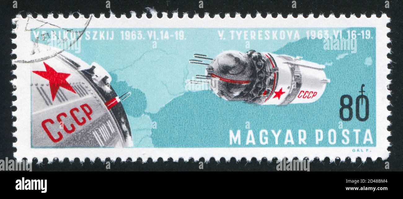 HUNGARY - CIRCA 1966: stamp printed by Hungary, shows Space craft, Vostoks 5 and 6, circa 1966 Stock Photo