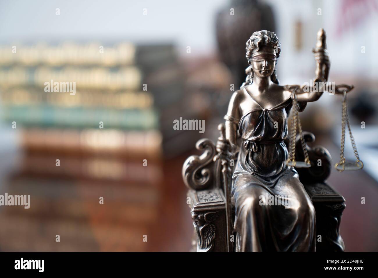 Lawyer Office. Themis, Judges Mallet And Law Books On The Desk Stock ...