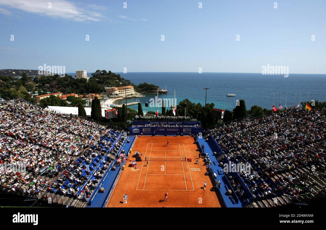 General view of the Monte Carlo tennis Masters Series during the second  round of Monte Carlo tennis tournament in Monaco. General view of the Monte  Carlo tennis Masters Series during the match