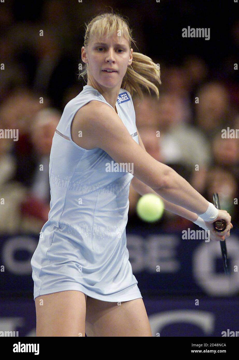 Elena Dementieva from Russia lines up a backhand to Lindsay of the United States during their first round match at the Chase Championships of the WTA Tour at New York's