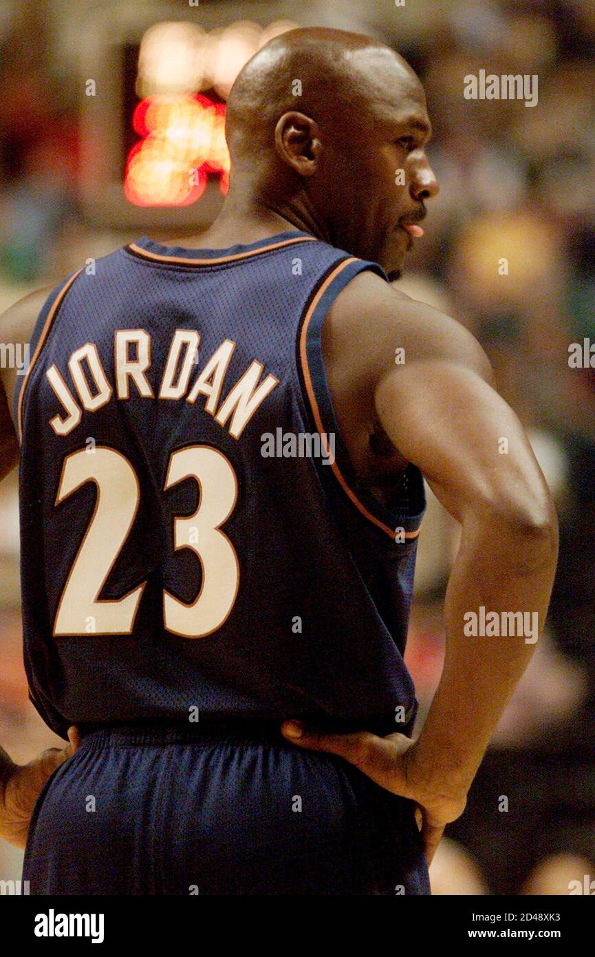 Washington Wizards' guard Michael Jordan looks toward his team bench at  Conseco Fieldhouse in Indianapolis in a game versus the Indiana Pacers,  November 29, 2002. Jordan announced November 28, 2002 that this