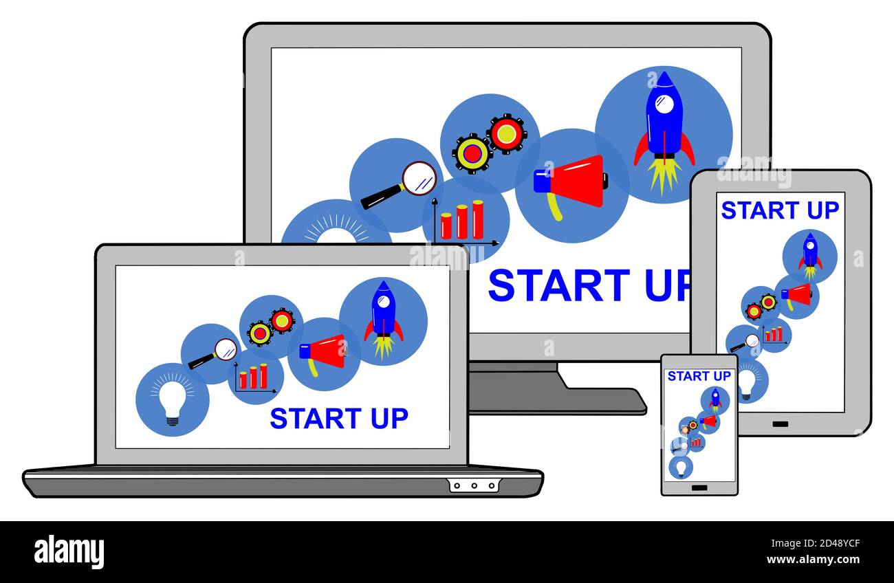 Start up concept on different devices, isolated on white Stock Photo