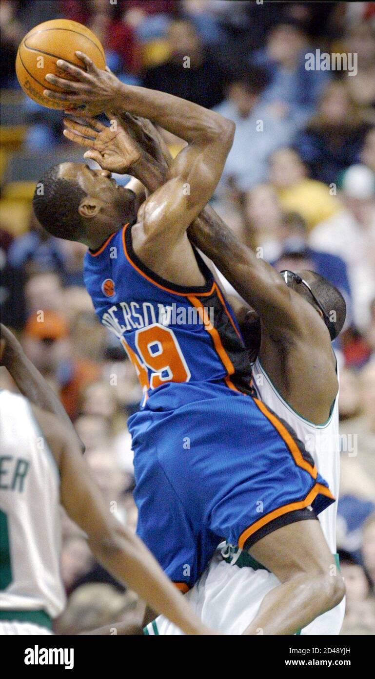 The New York Knicks Shandon Anderson L Is Blocked By The Boston Celtics Grant Long In Second Quarter Nba Action In Boston Massachusetts March 5 2003 Reuters Brian Snyder Bs Stock Photo Alamy