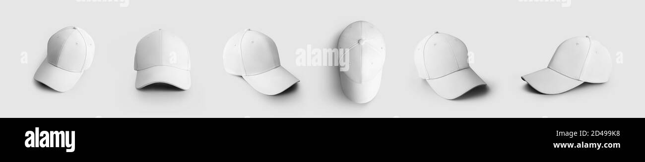 Set of blank white caps, isolated on background, panama with visor, top, side, front view. Baseball or hip hop sports hat mockup, for design presentat Stock Photo