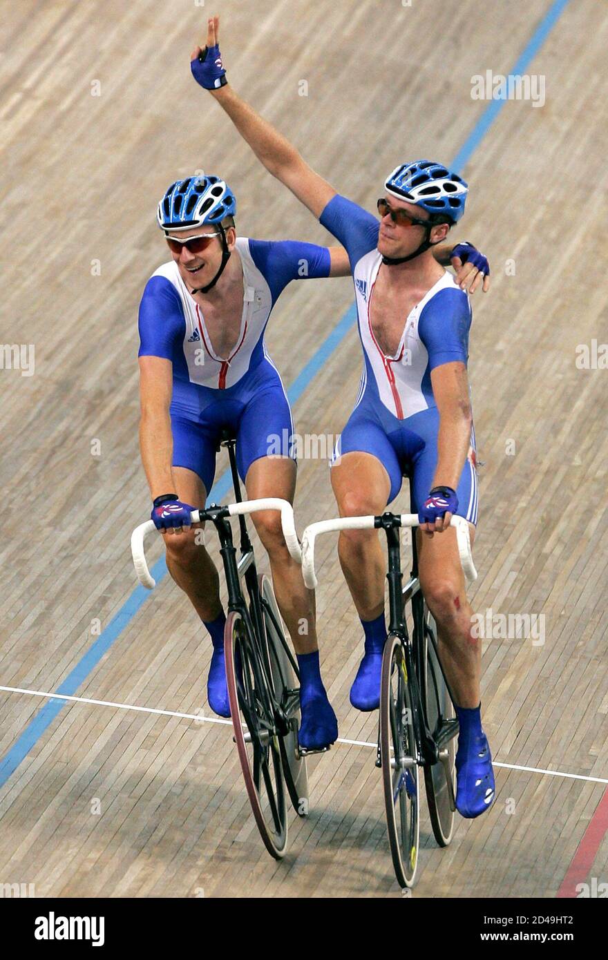 Britain's Wiggins celebrates a bronze medal with Hayles in the men's cycling  madison final at the Athens 2004 Olympic Games. Britain's Bradley Wiggins  (L) celebrates a bronze medal with partner Rob Hayles
