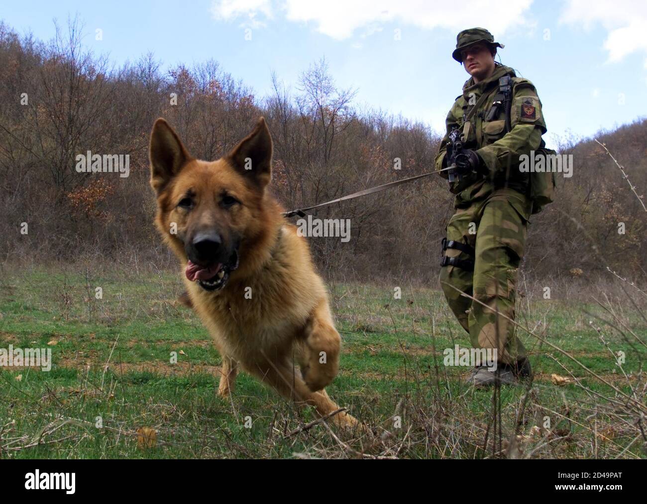 A Norwegian KFOR soldier patrols with a special trained German Shepherd dog  in the mountains near the border between Kosovo and Macedonia, nicknamed  "The Chicken Leg", southeast Kosovo. NATO was sending more